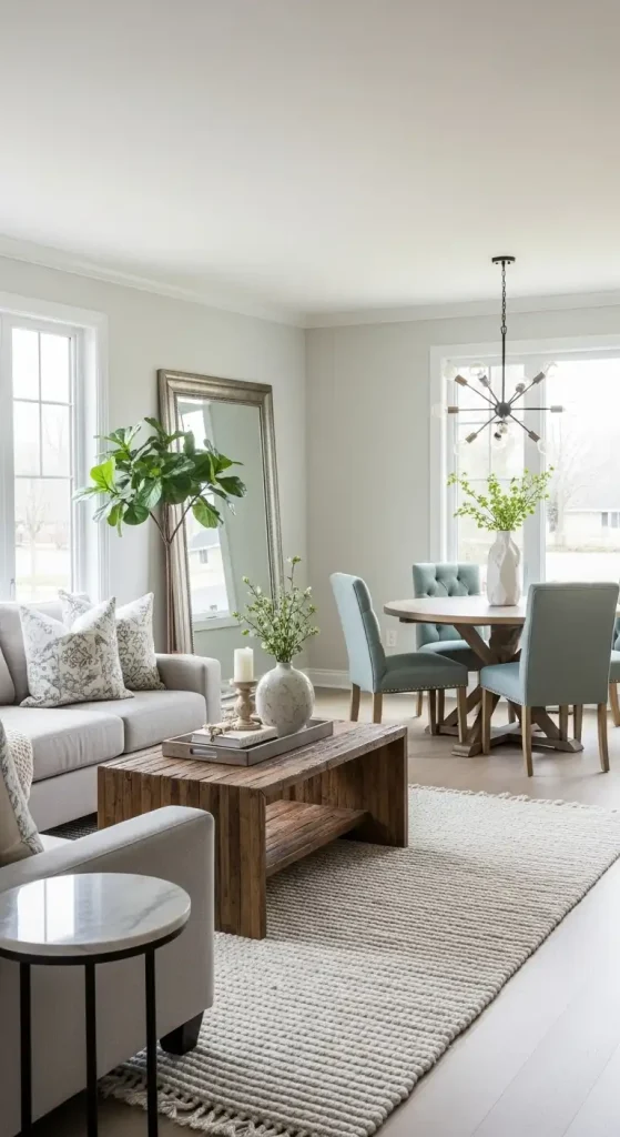 Living Room and Dining Room Combo Ideas Hang a Large Mirror
