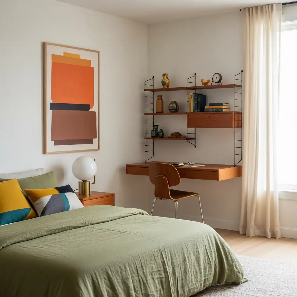 Mid-Century Modern Bedroom with Simple Desk
