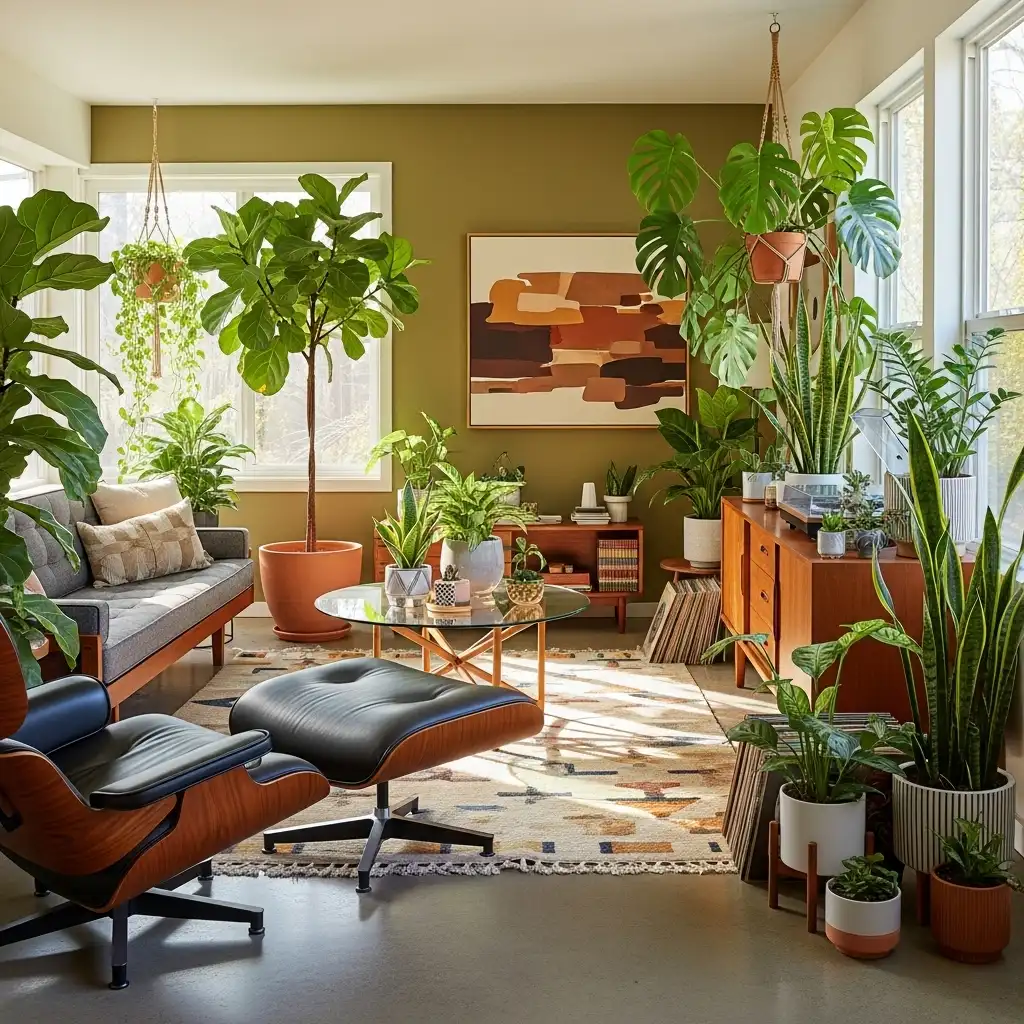 Mid Century Modern Living Room Bring in Lush Greenery