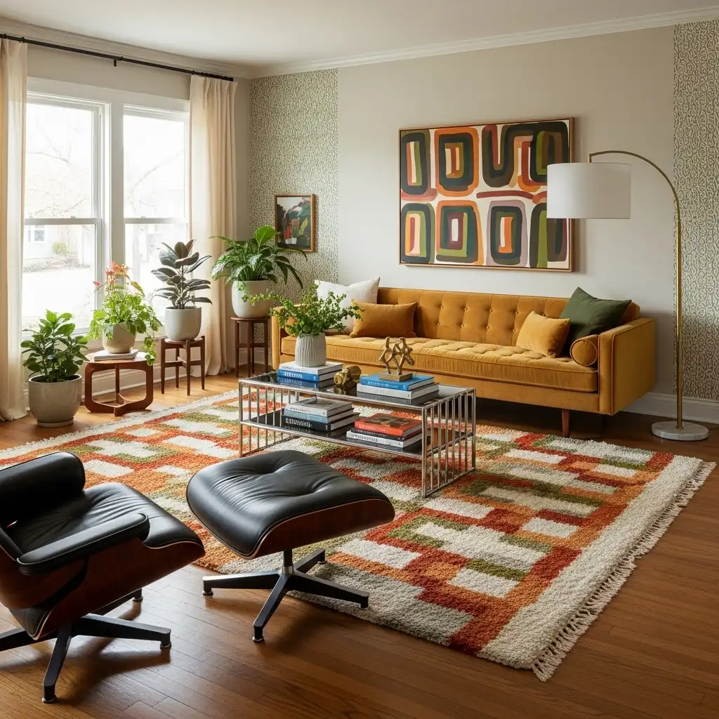 Mid Century Modern Living Room Incorporate a Mix of Materials