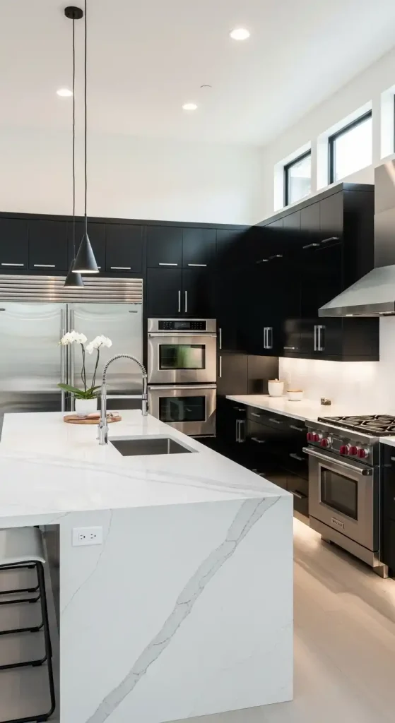 Sleek Black Cabinets with White Countertops