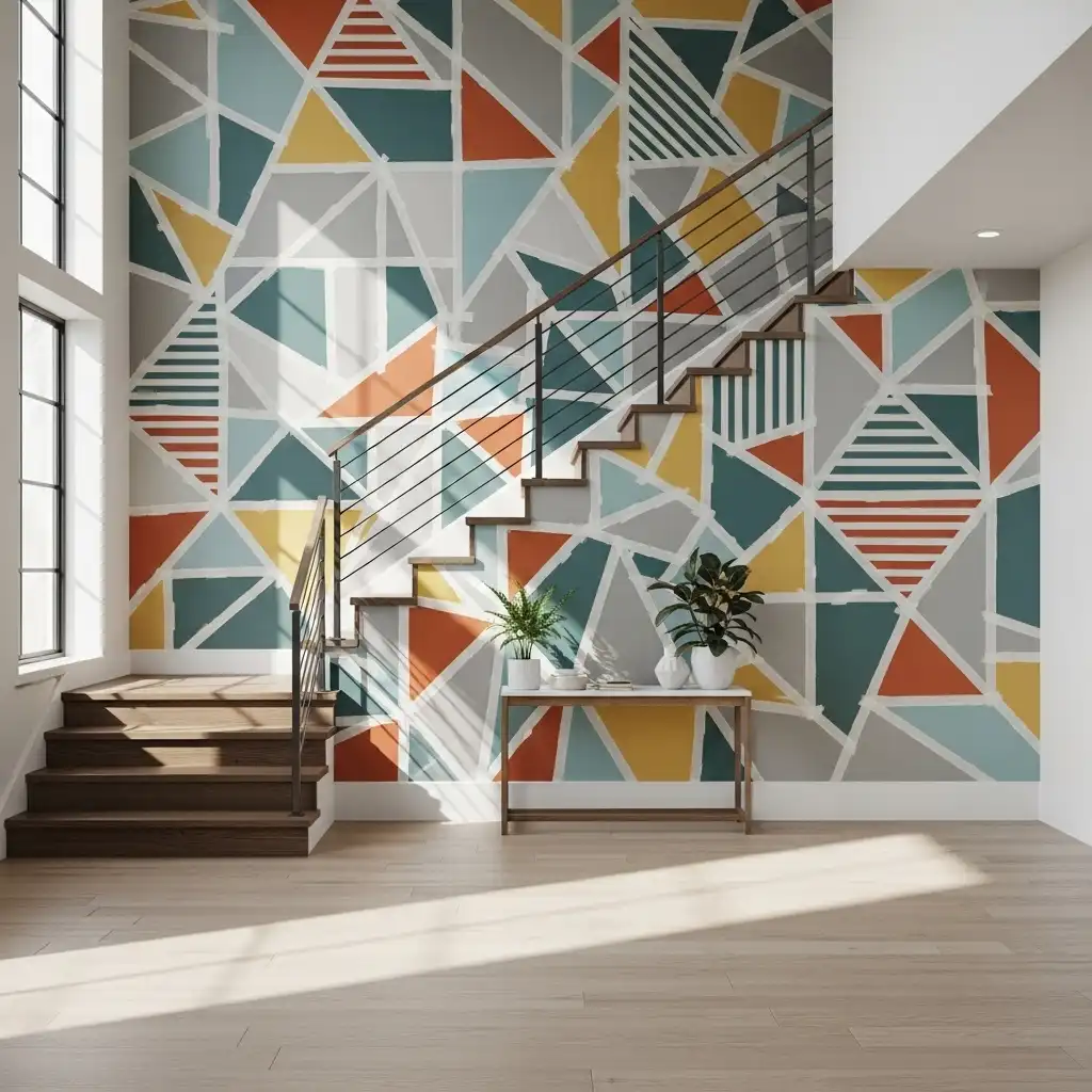 Staircase Wall Design Ideas Geometric Mural