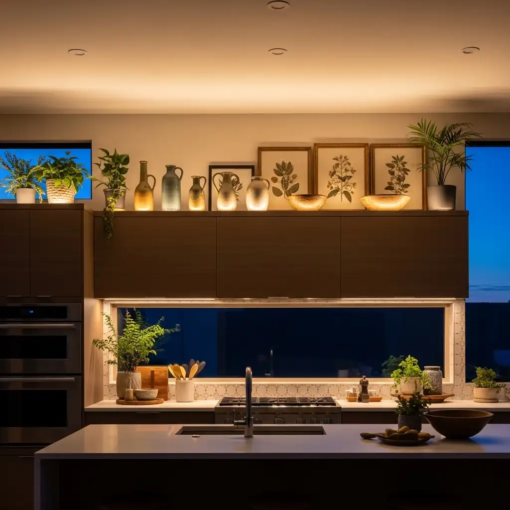 Top of Kitchen Cabinet Decor Add Ambient Lighting