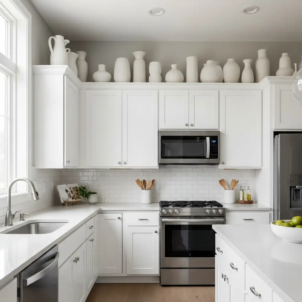 Top of Kitchen Cabinet Decor Vignette with Vases