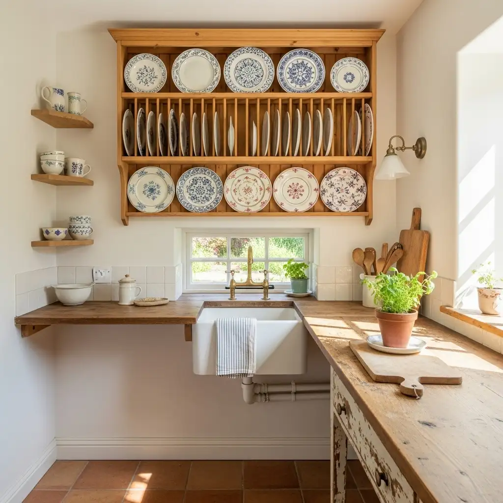 Rustic kitchen with decorative plate rack