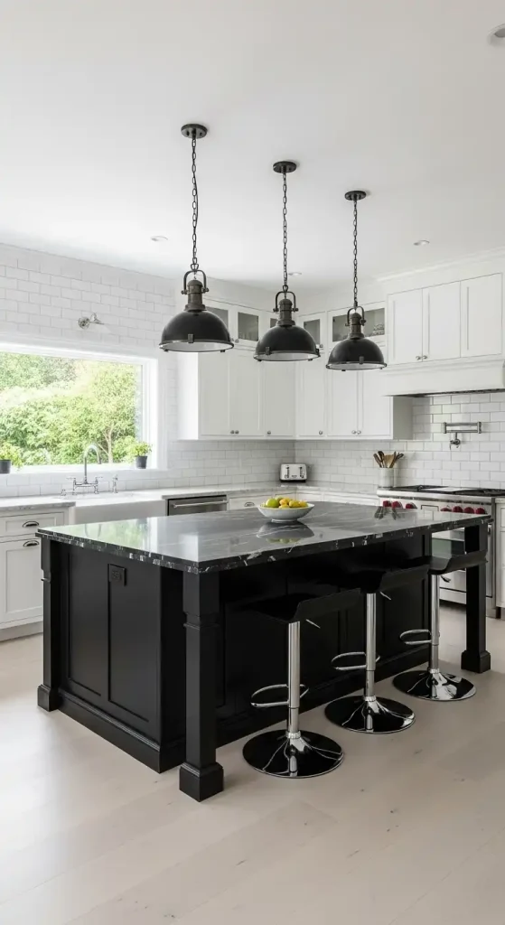 White Kitchen with a Black Island