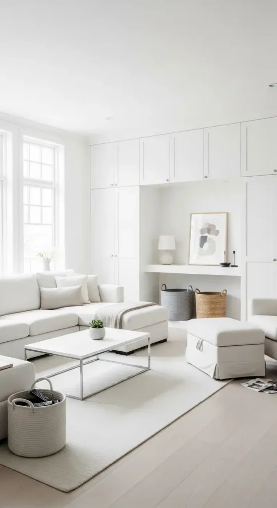 White Living Room Declutter to Emphasize Simplicity