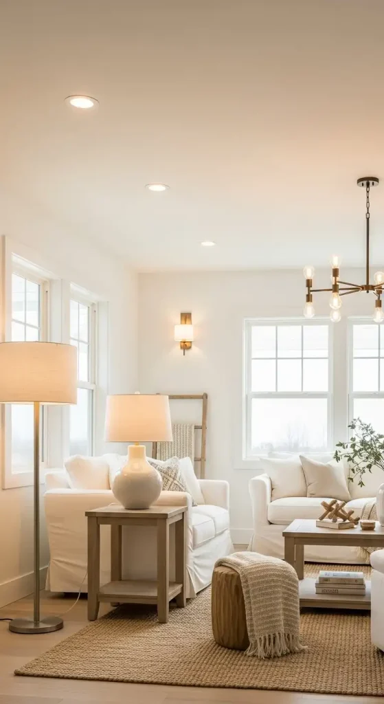 White Living Room Focus on Lighting