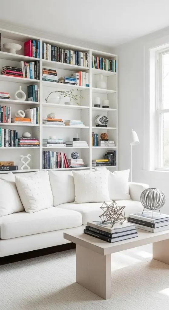 White Living Room Style with Books and Decor