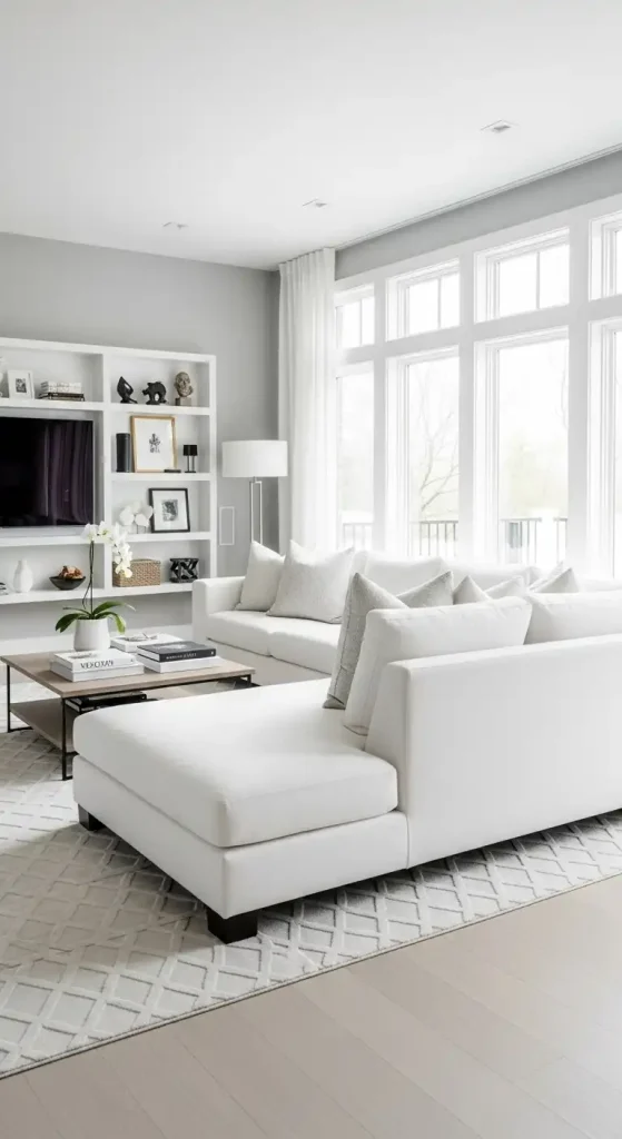Modern white living room with sofa