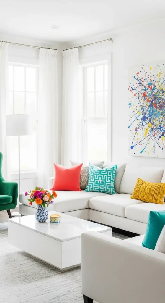 White Living Room with Strategic Pops of Color