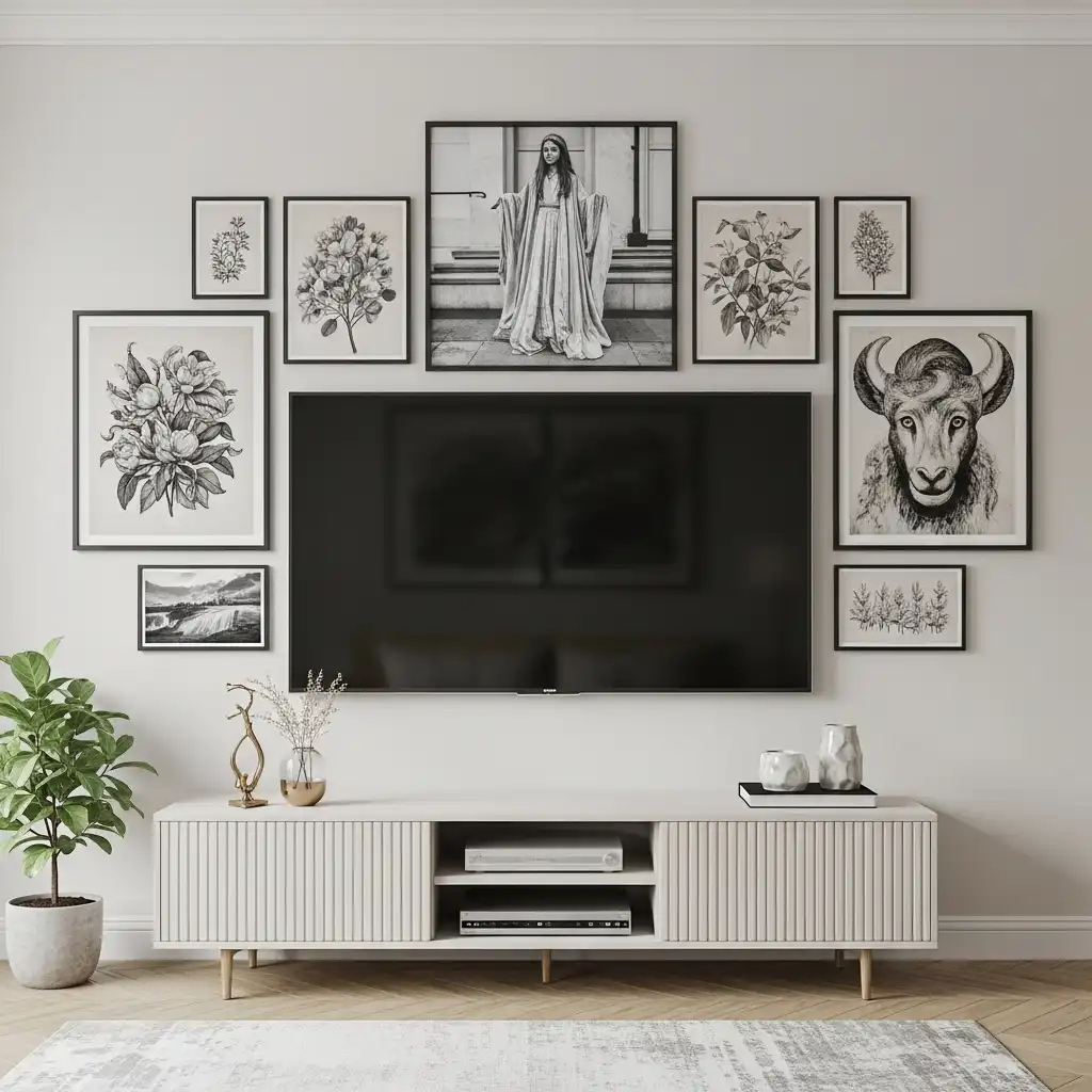 frame the TV with surrounding art prints