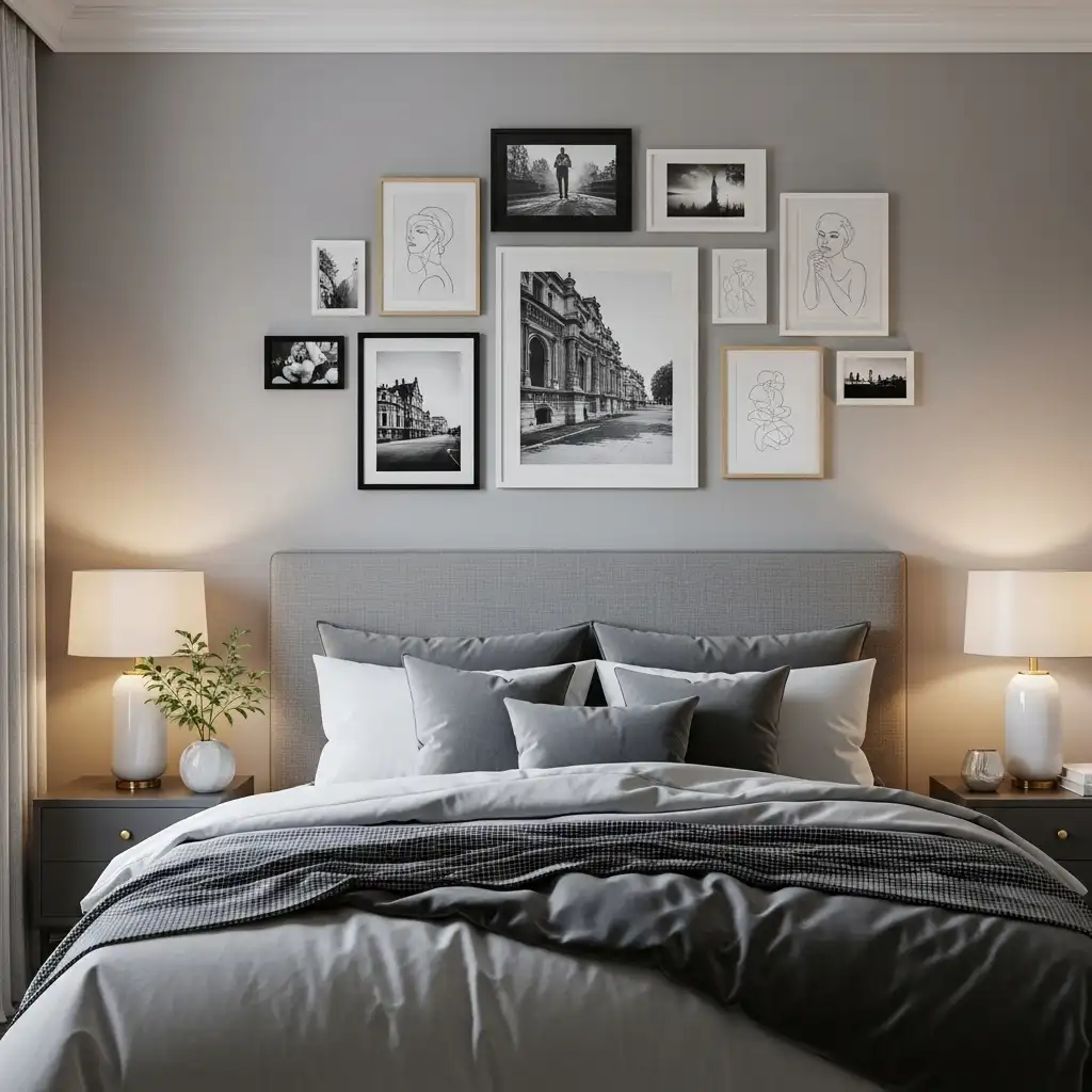 grey bedroom Gallery Wall