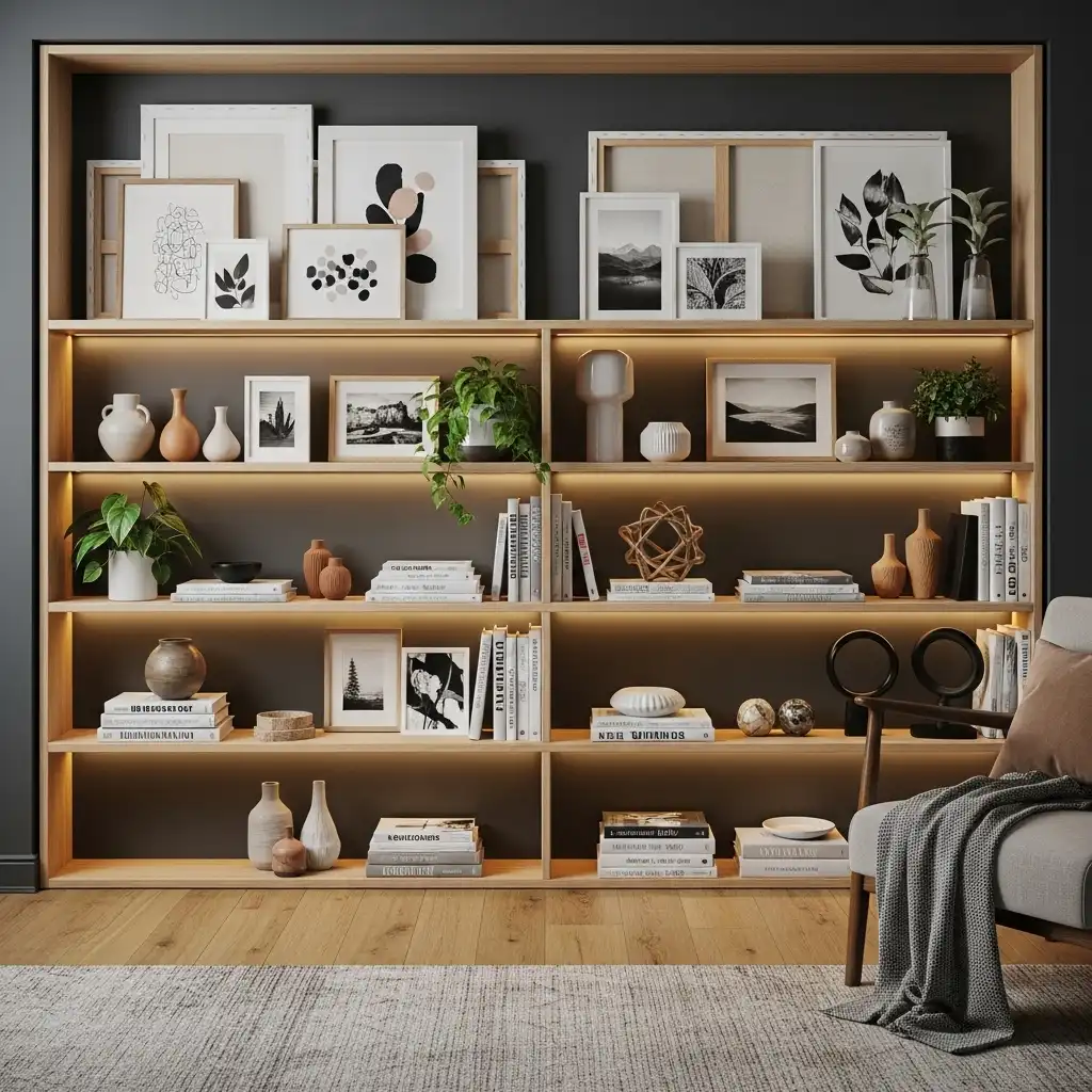 mix of small objects and prints on shelves