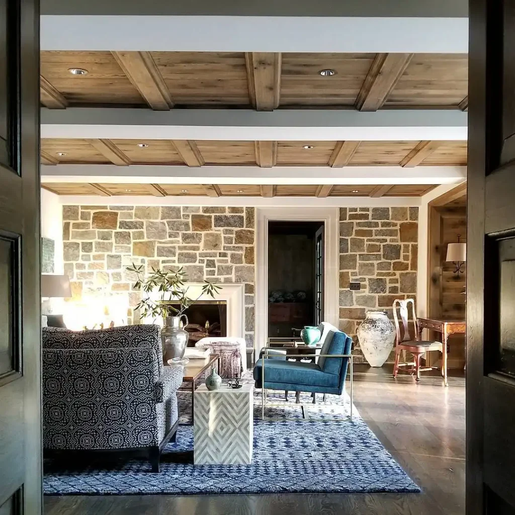 Warm Rustic Living Room Stone Fireplace Wall