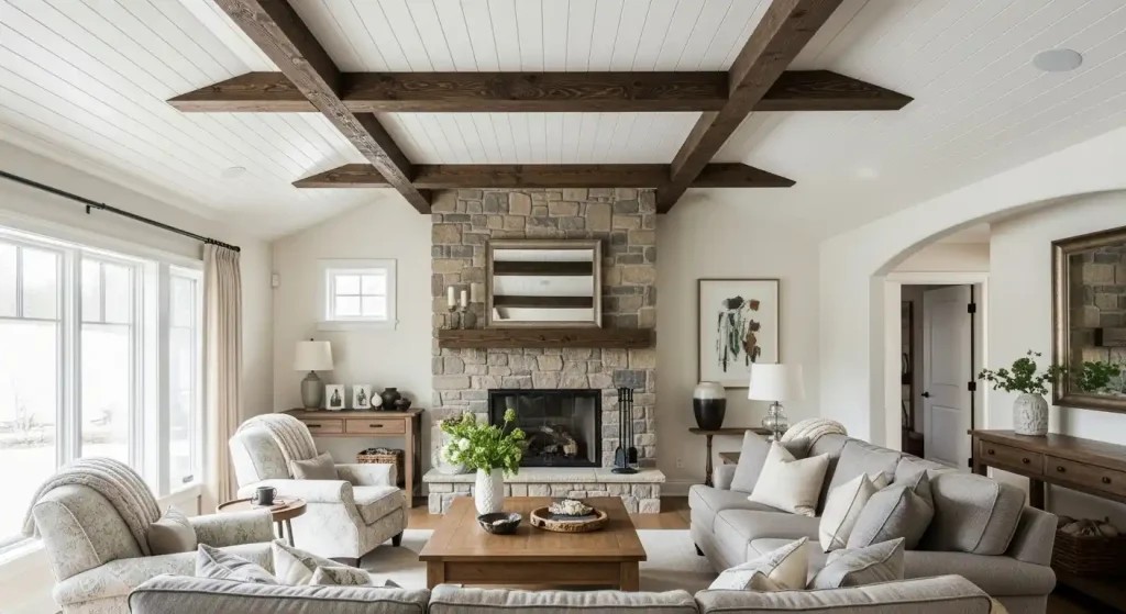 1 living room fake beams on ceiling