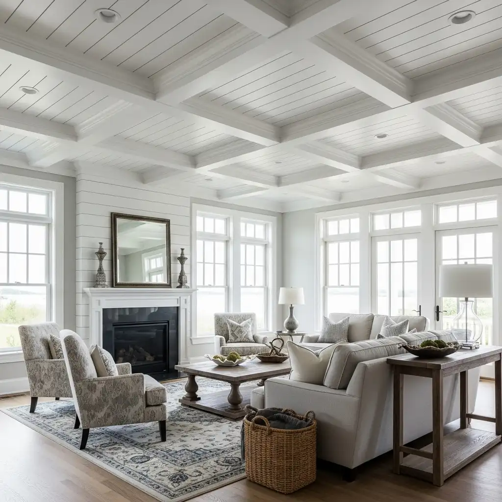 Coffered Ceiling with Shiplap Inset Panels