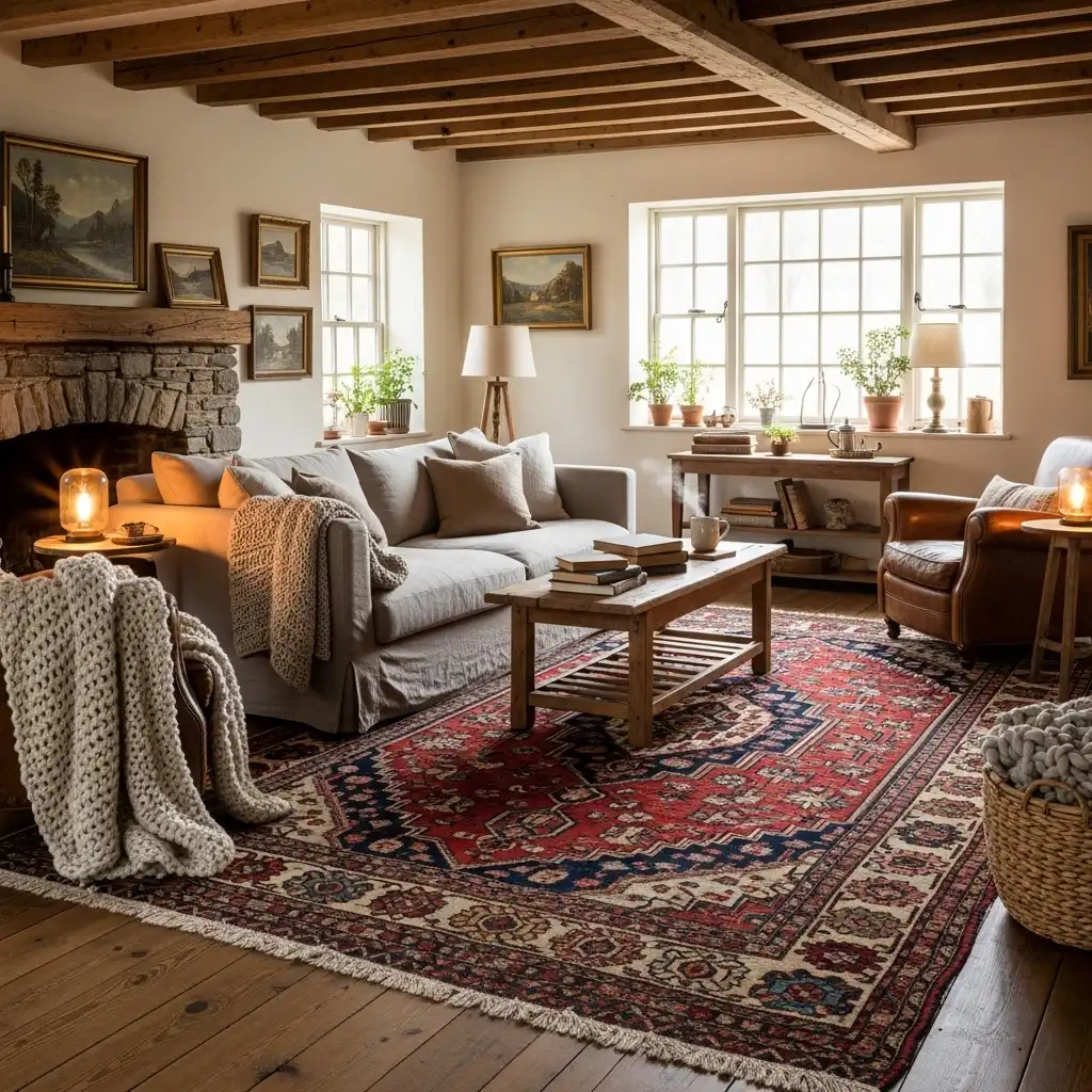 Rustic Living Room Display a Vintage Rug