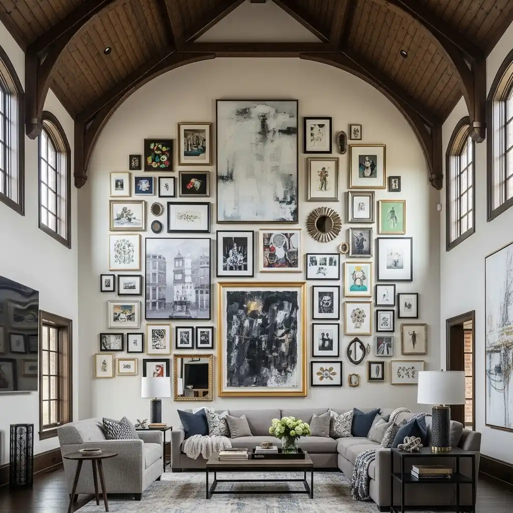 Vaulted Ceiling Living Room Stacked Gallery Wall