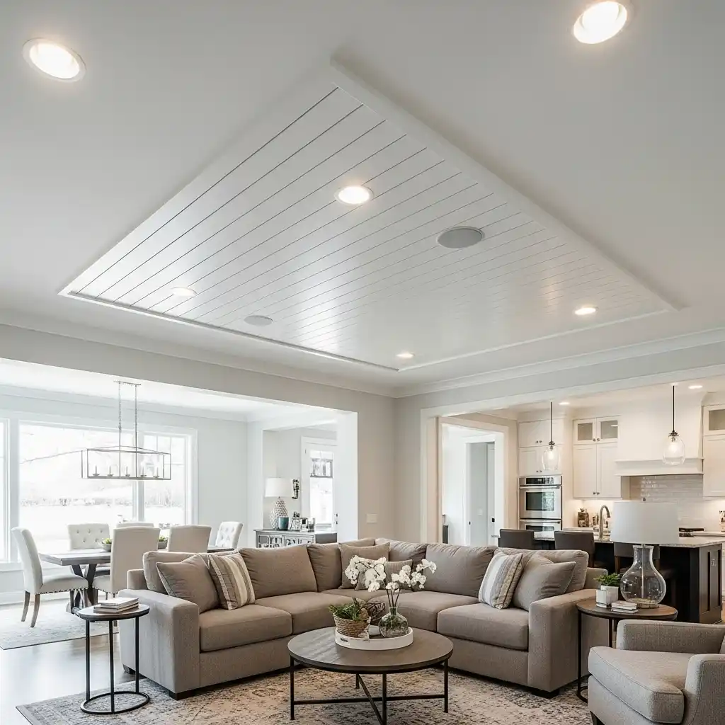 open-concept living room shiplap