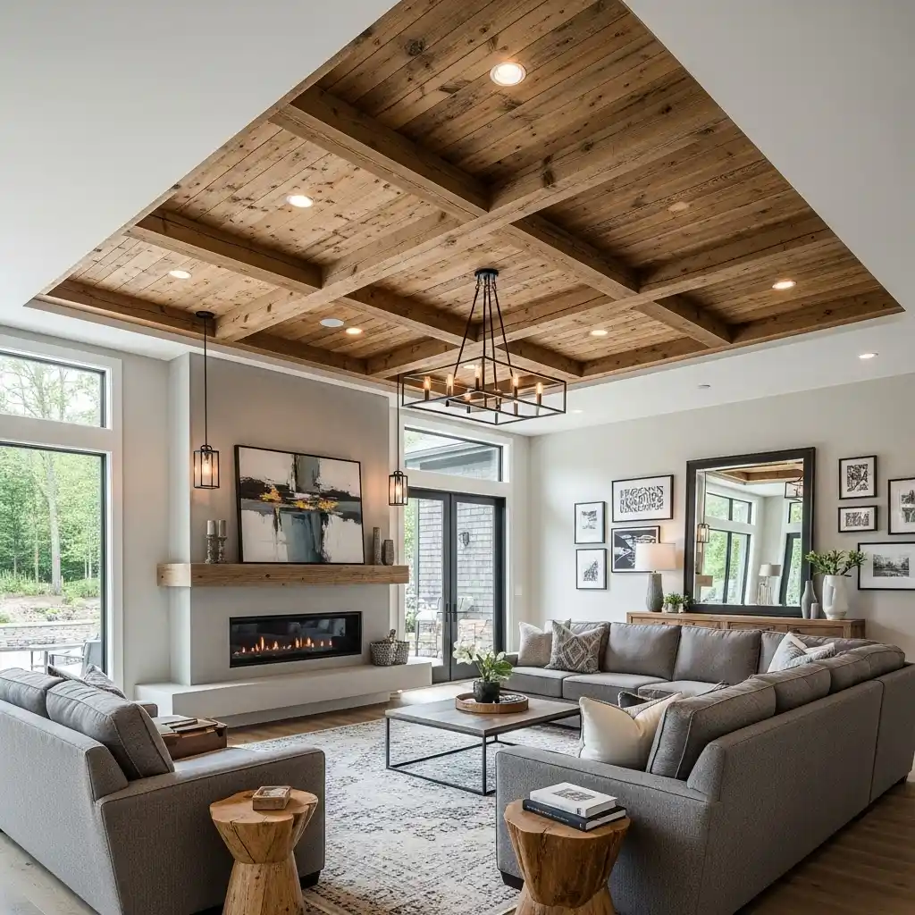 Wood Plank Ceiling Ideas Living Room Focal Point