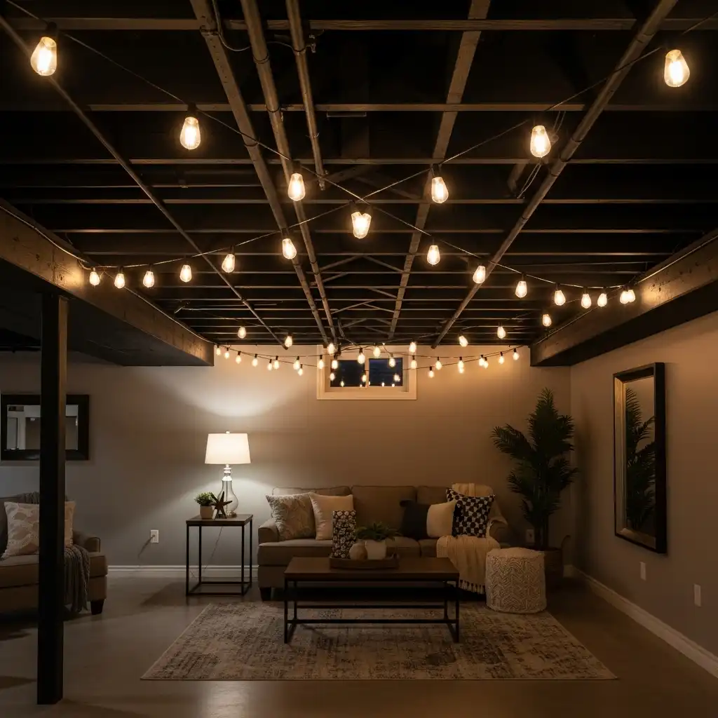Exposed Basement Ceiling ideas Utilize Strung Edison Bulbs