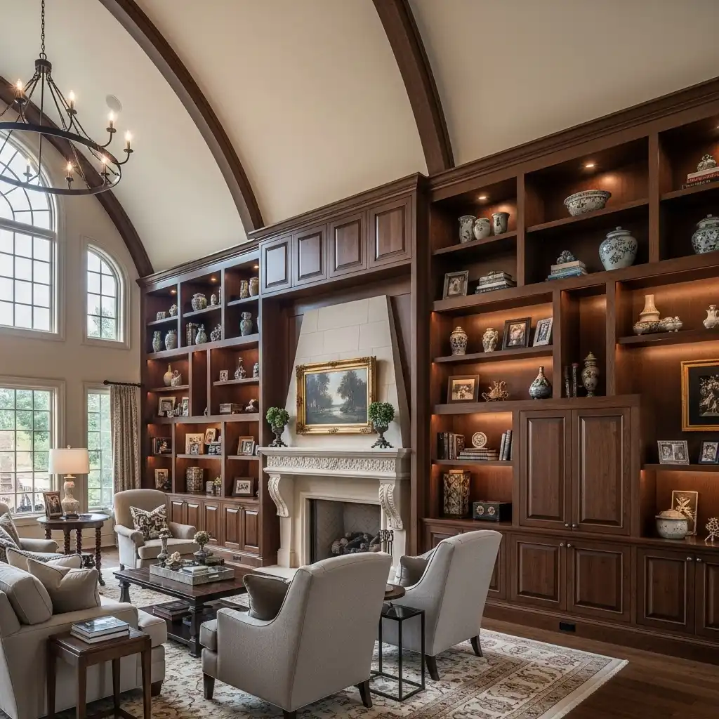 Vaulted Ceiling Living Room Built-in Shelves
