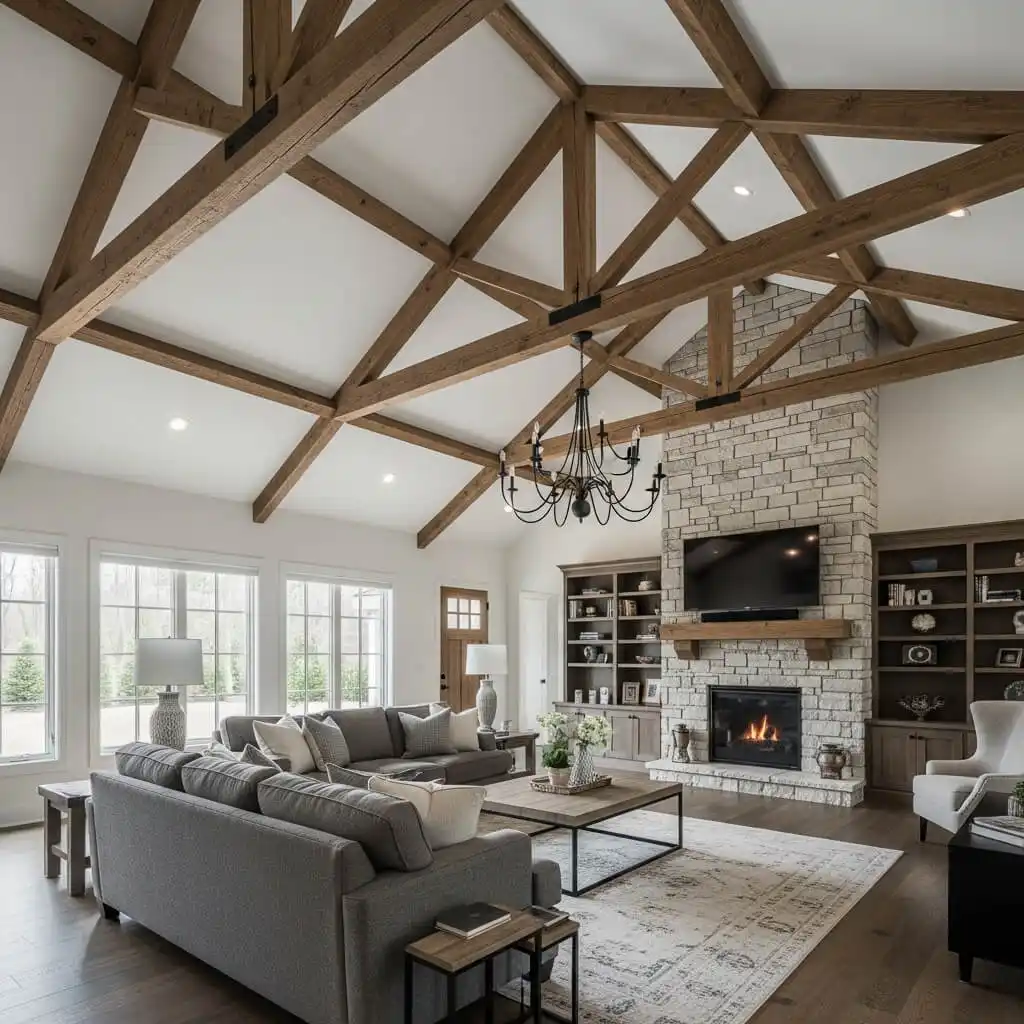 beams enhance the coziness of a large, open living room