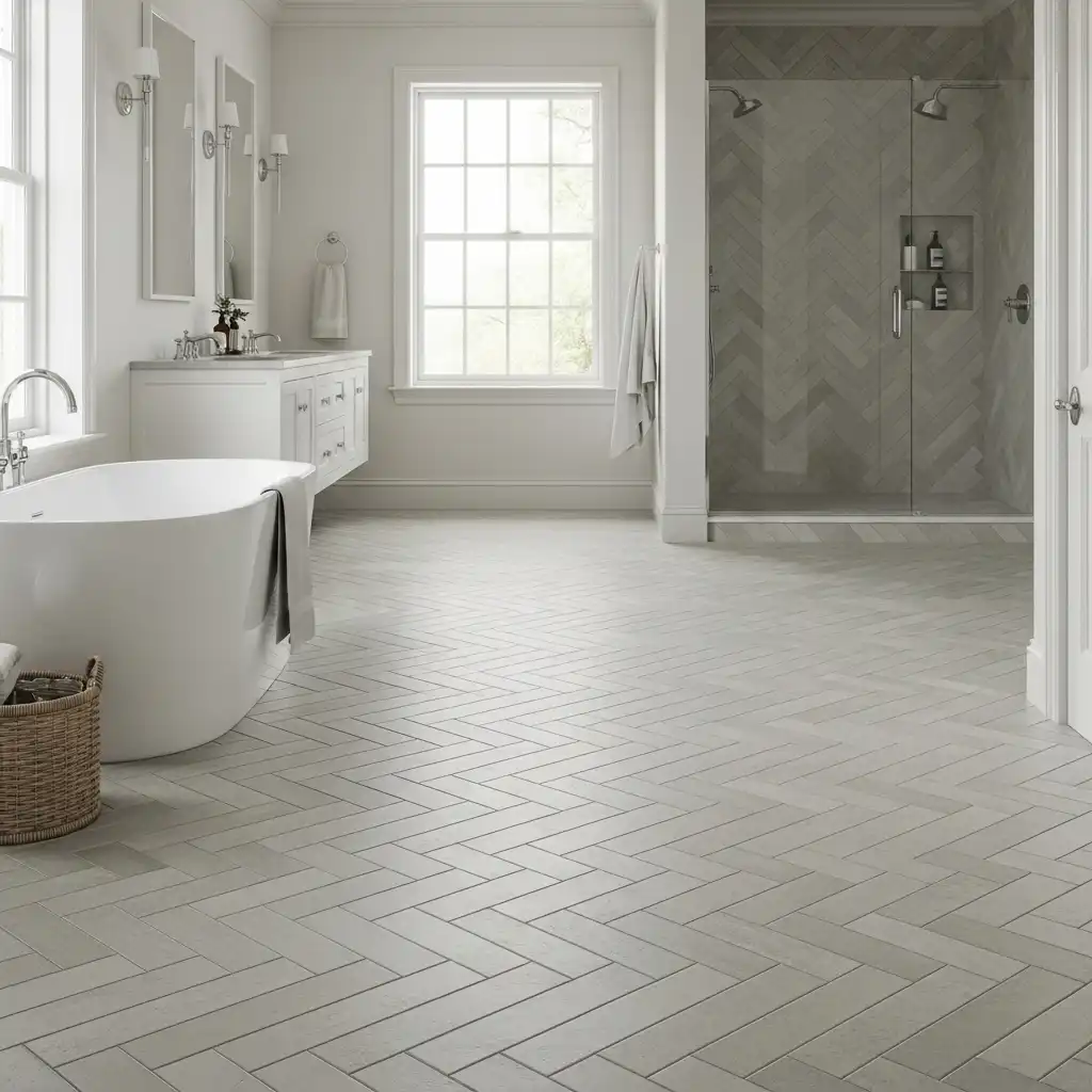 Herringbone Tile Bathroom Ideas Install at a 45-Degree Angle