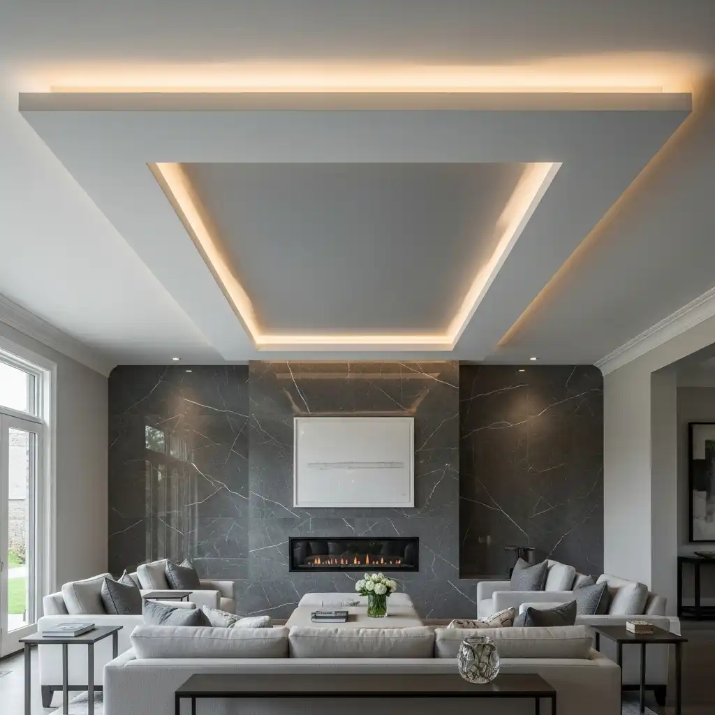 tray ceiling with a built-in fireplace or accent wall