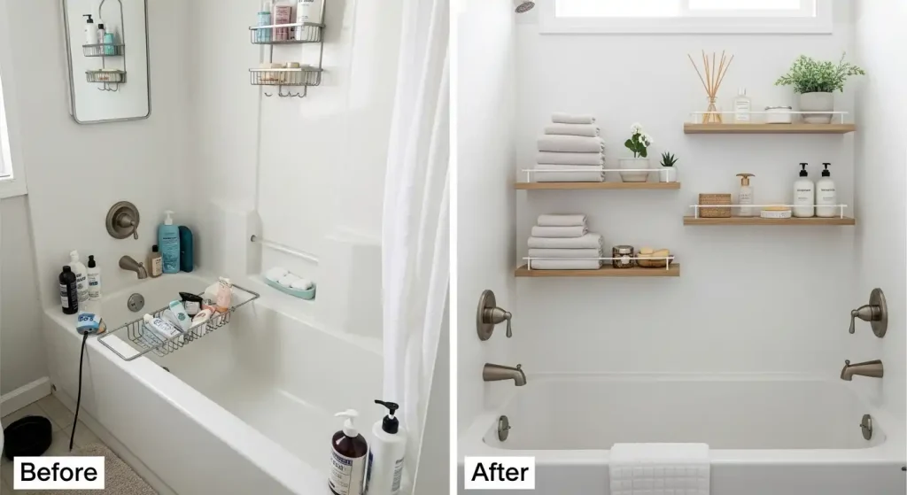 Use Waterproof Floating Shelves Near the Tub