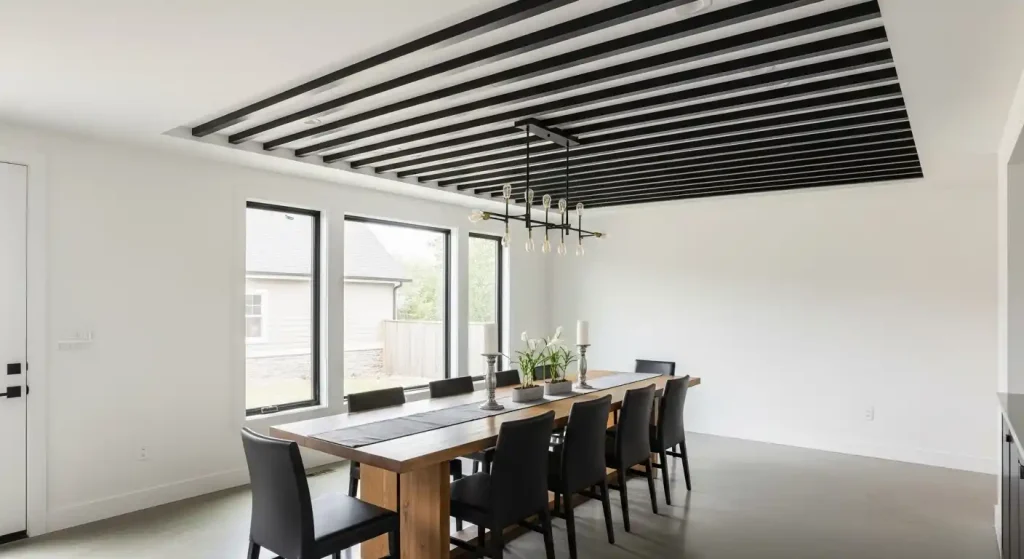 6 modern dining room with slim, black faux beams