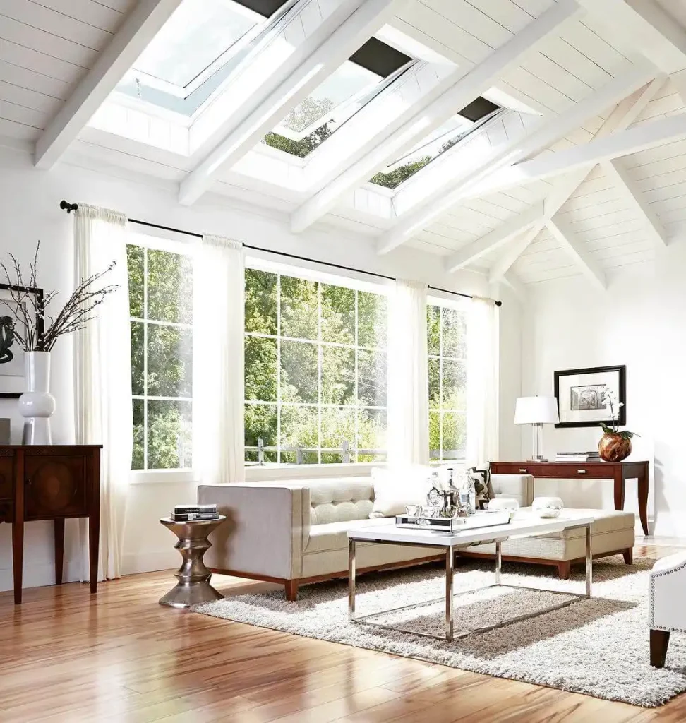 striking contrast with painted white beams