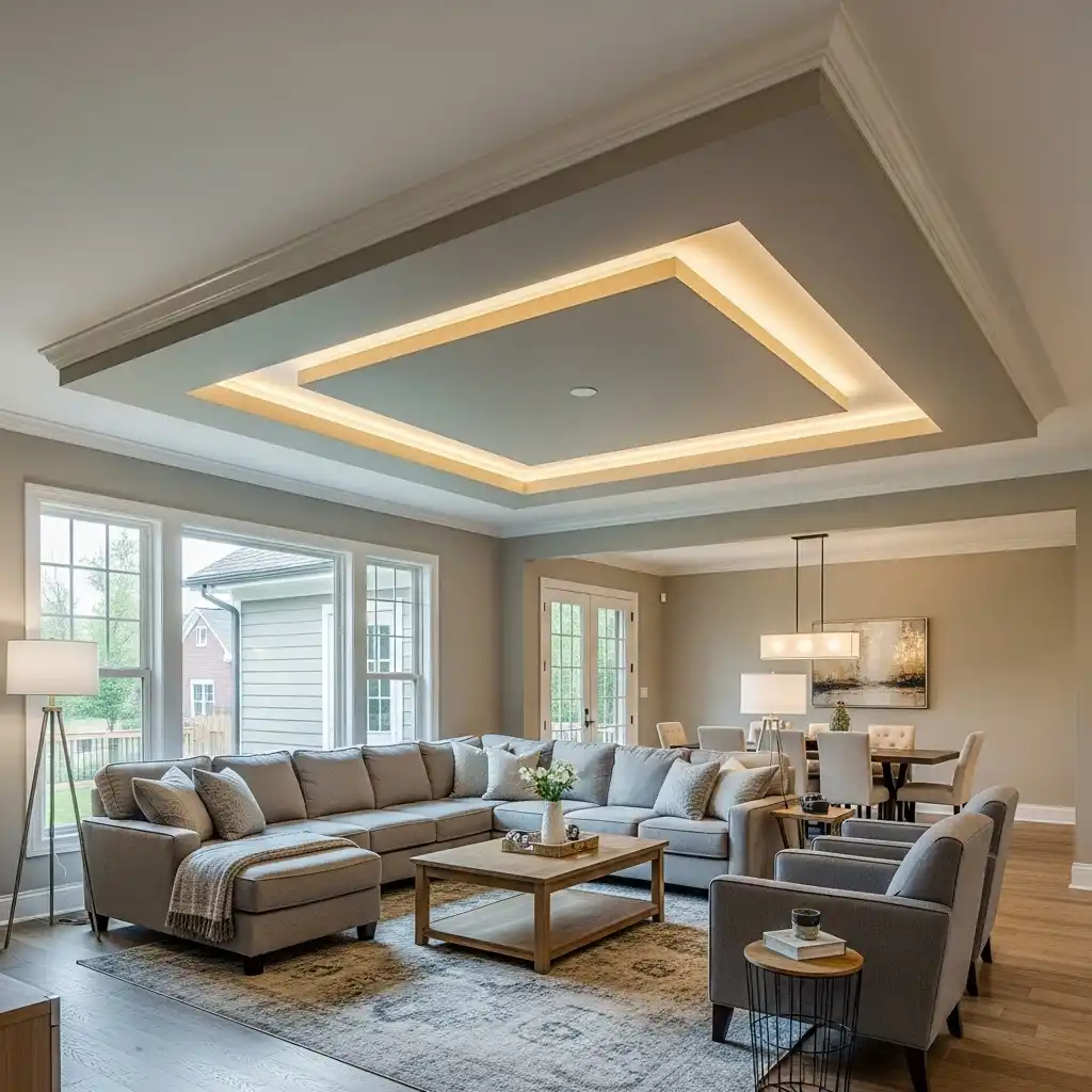 tray ceiling define a specific zone in an open-plan living room