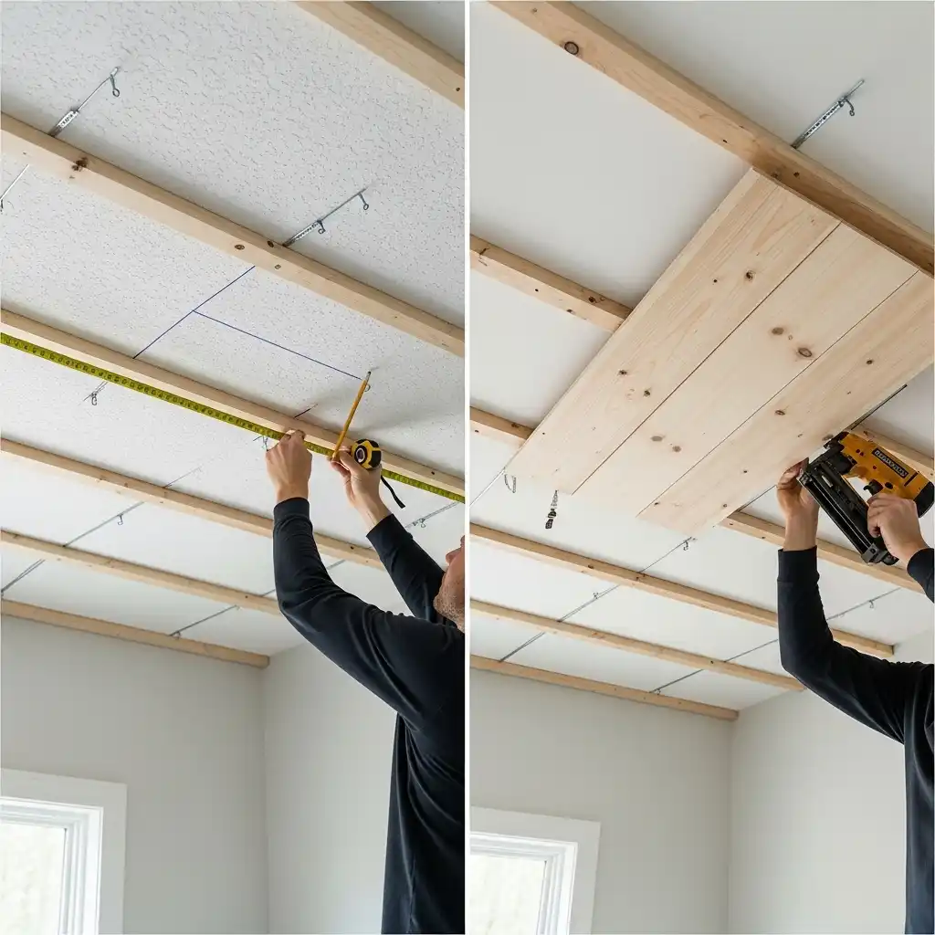 install shiplap on a ceiling with existing popcorn texture