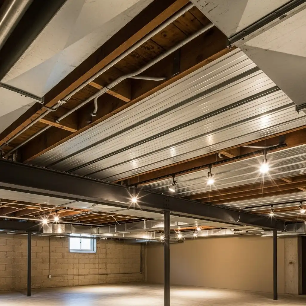 Exposed Basement Ceiling ideas Use Corrugated Metal Panels