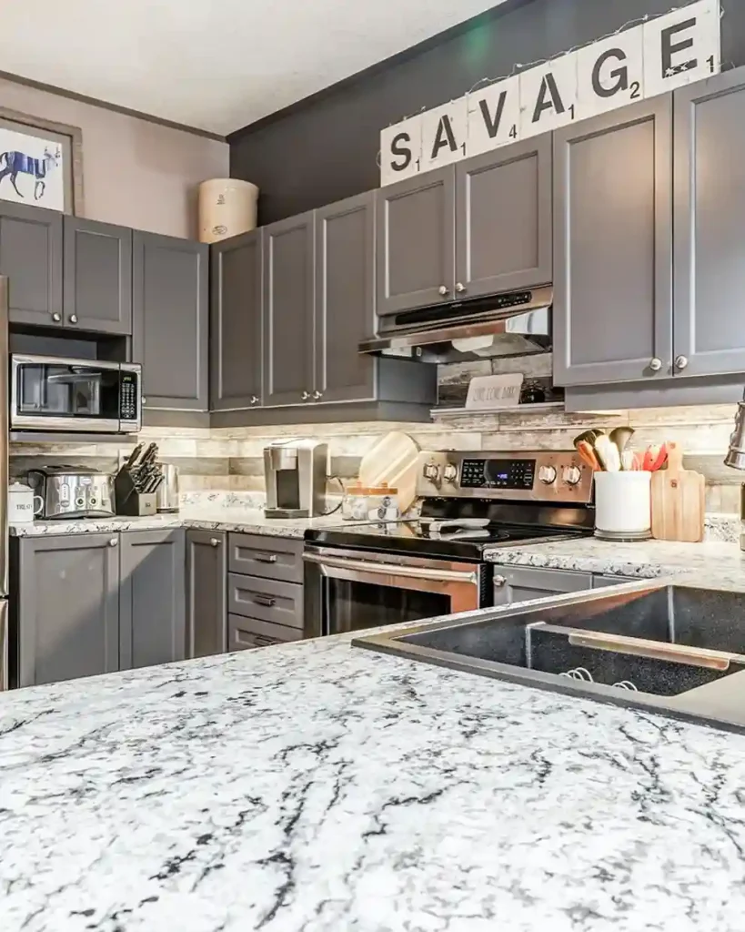 Modern kitchen with gray cabinets and backsplash