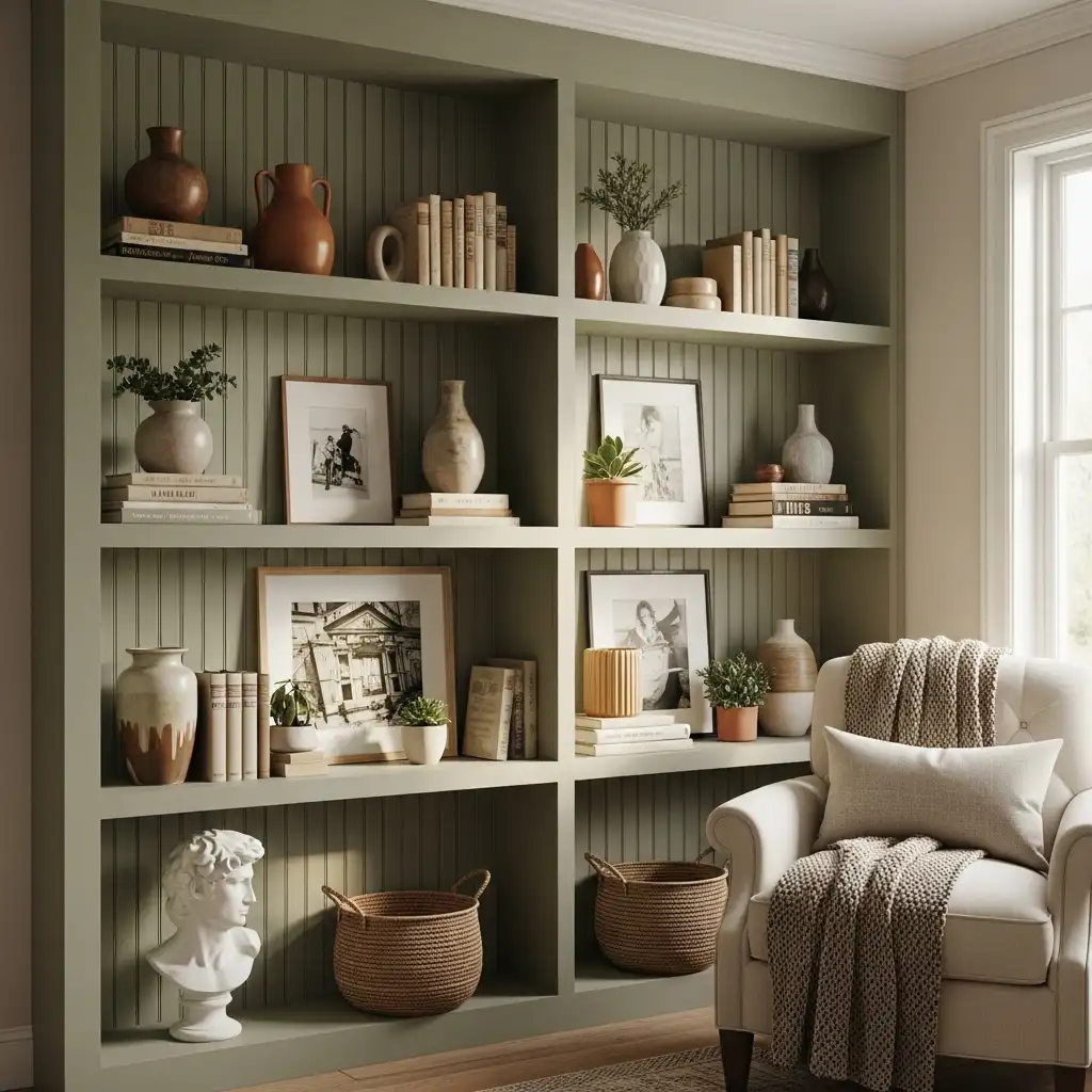 Beadboard Wall Accent Ideas Behind Open Shelving