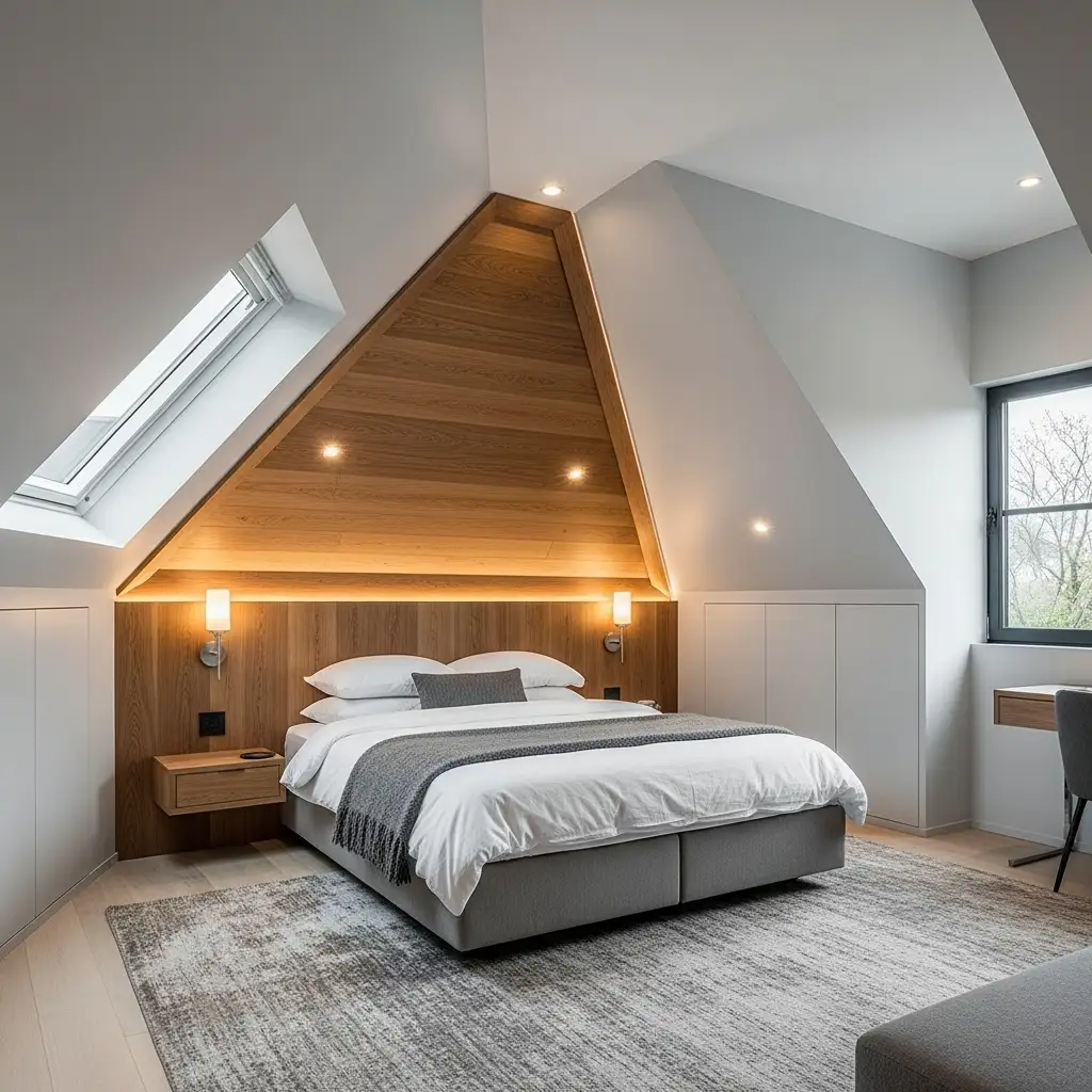 Sloped Ceiling Bedroom Implement Material Zoning