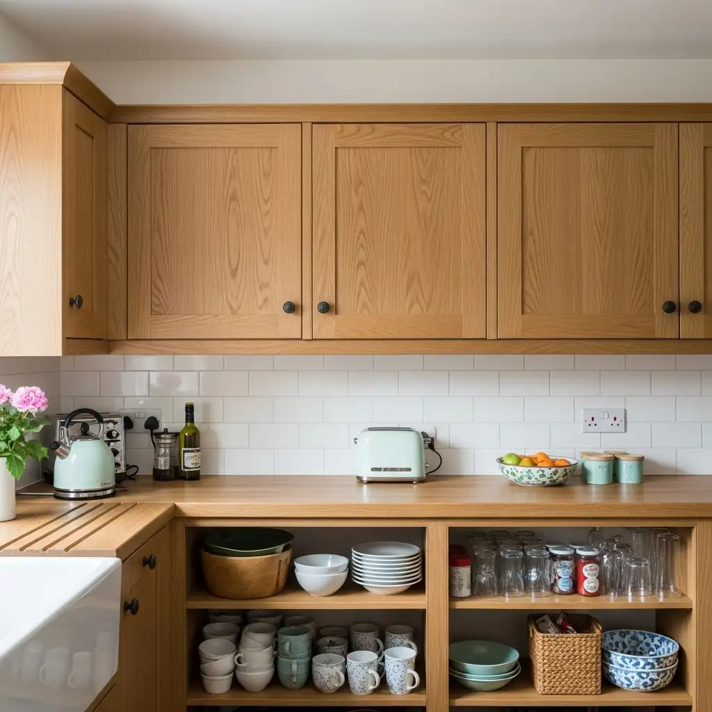 Oak Upper Cabinets with Open Lower Shelving