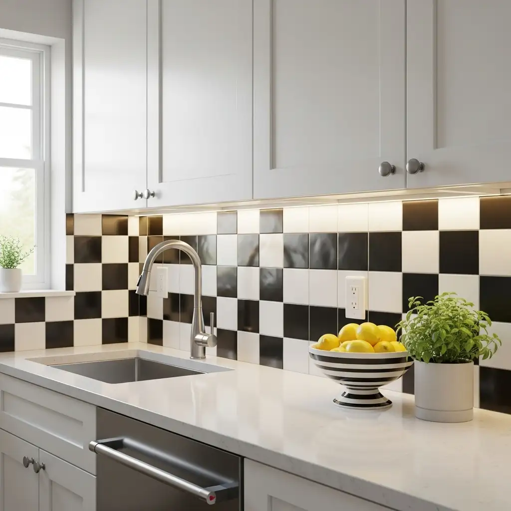 Modern kitchen with black and white tiles.