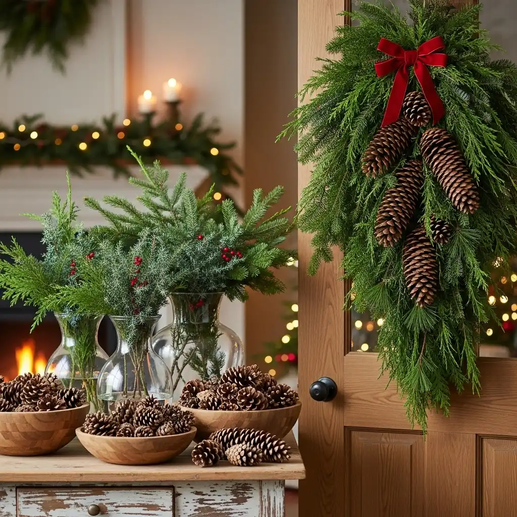 Fresh Greenery and Pinecones