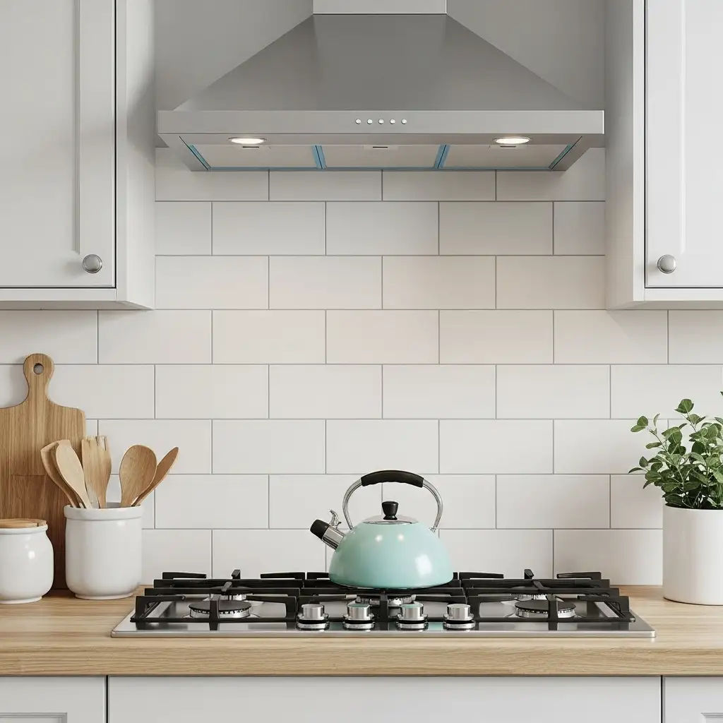 Modern kitchen with teal kettle