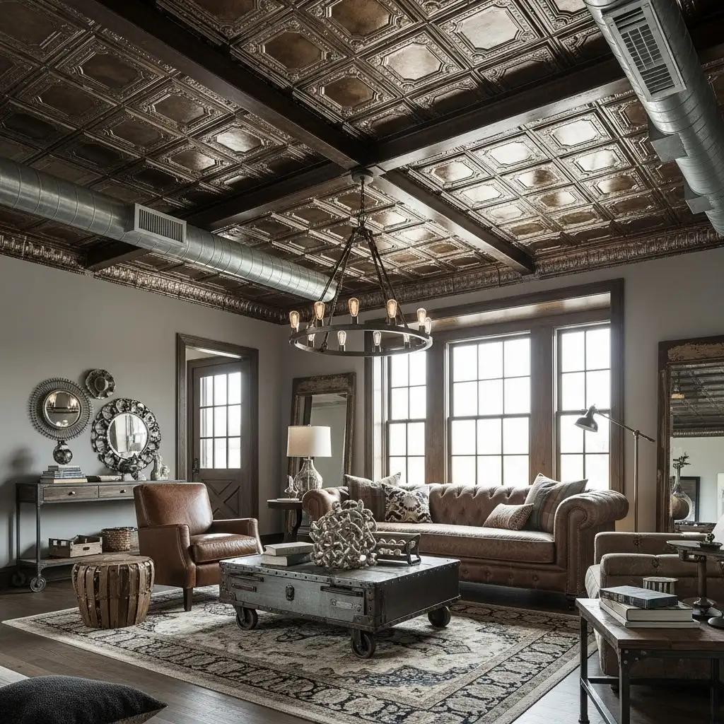 Ceiling Design Living Room Metal and Industrial Elements
