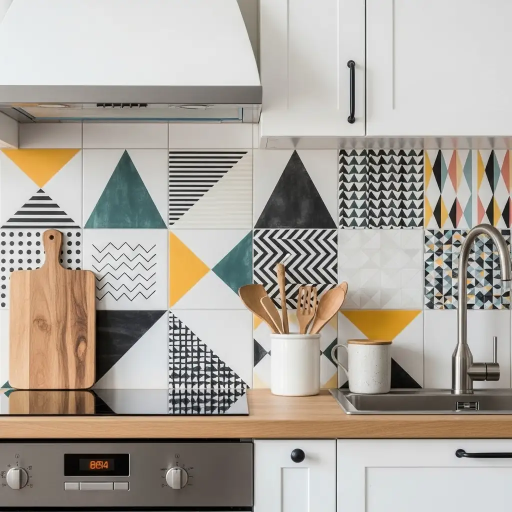 Colorful geometric tiles in kitchen