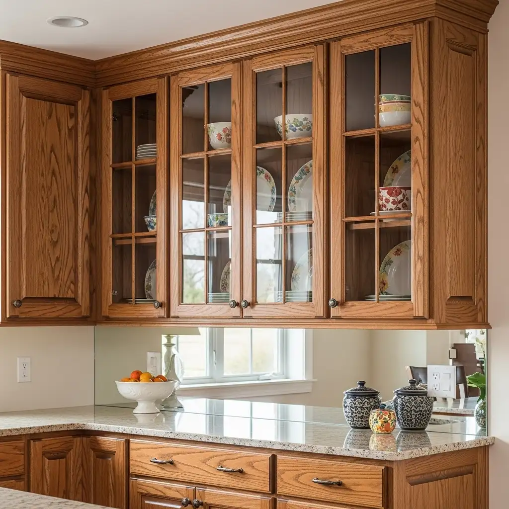 Oak Cabinets with Glass Front Uppers