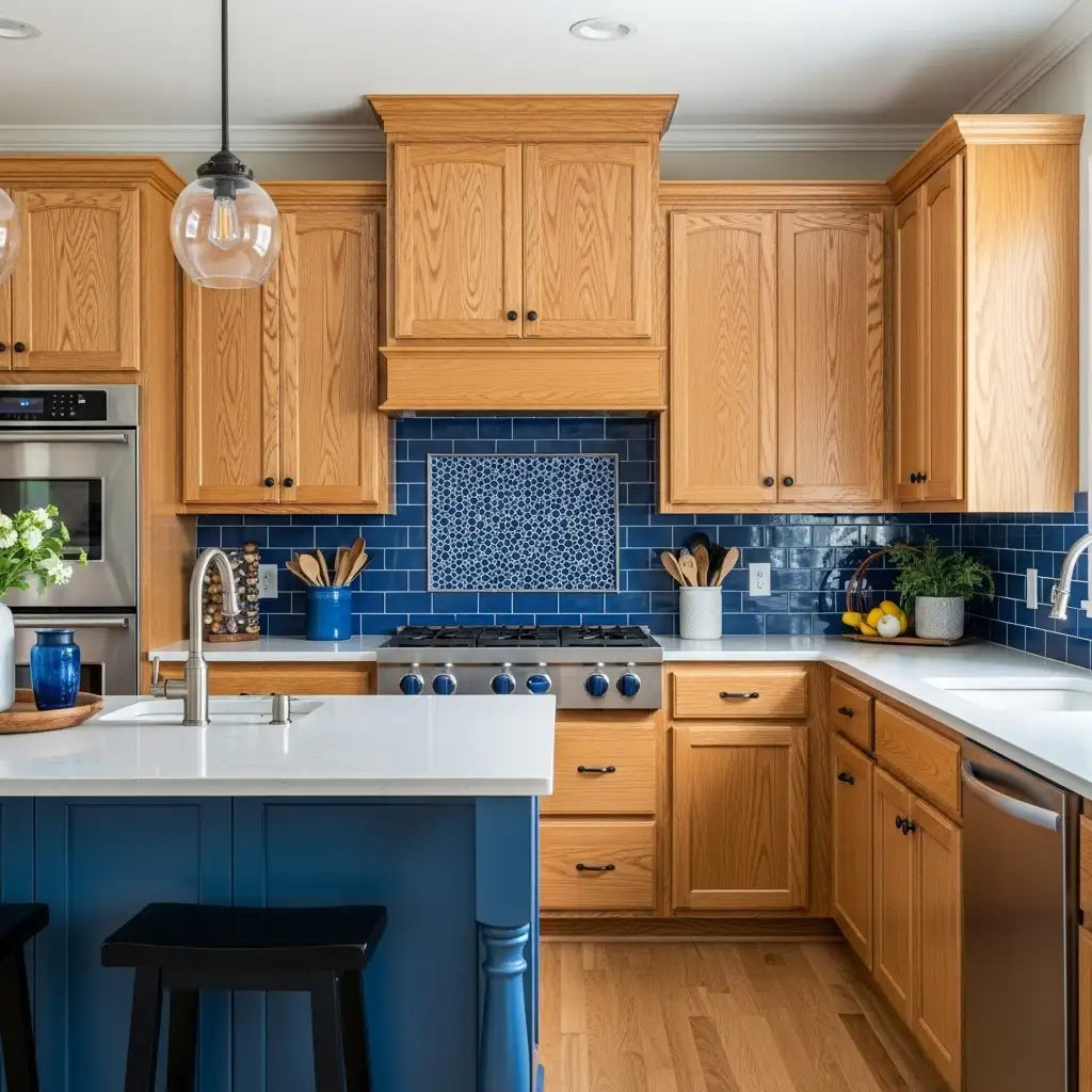 Oak Cabinets with Blue Kitchen Accents