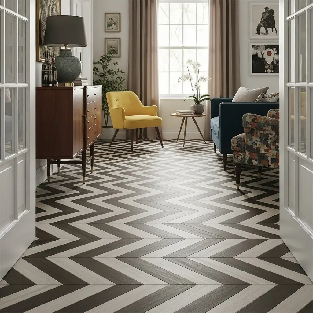 Chevron Flooring Transitional and Eclectic Interiors