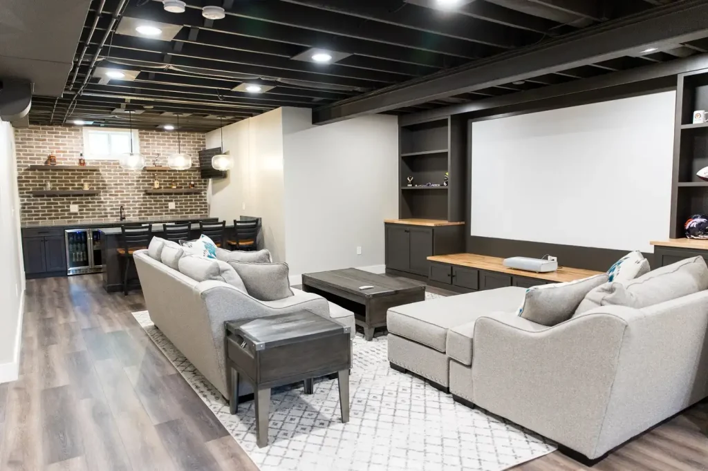 Painted Exposed Basement Ceiling Maximizes Headroom