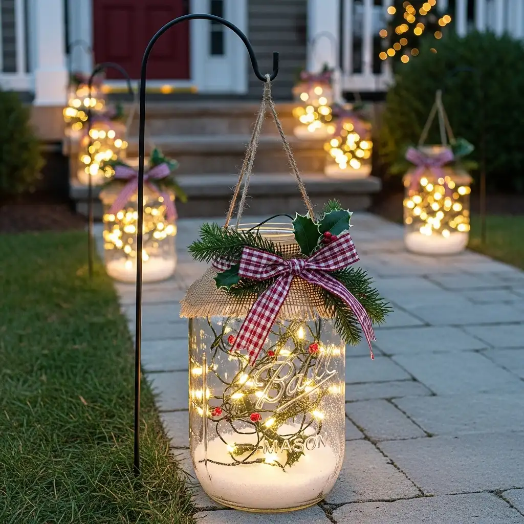 Mason jars with lights and greenery